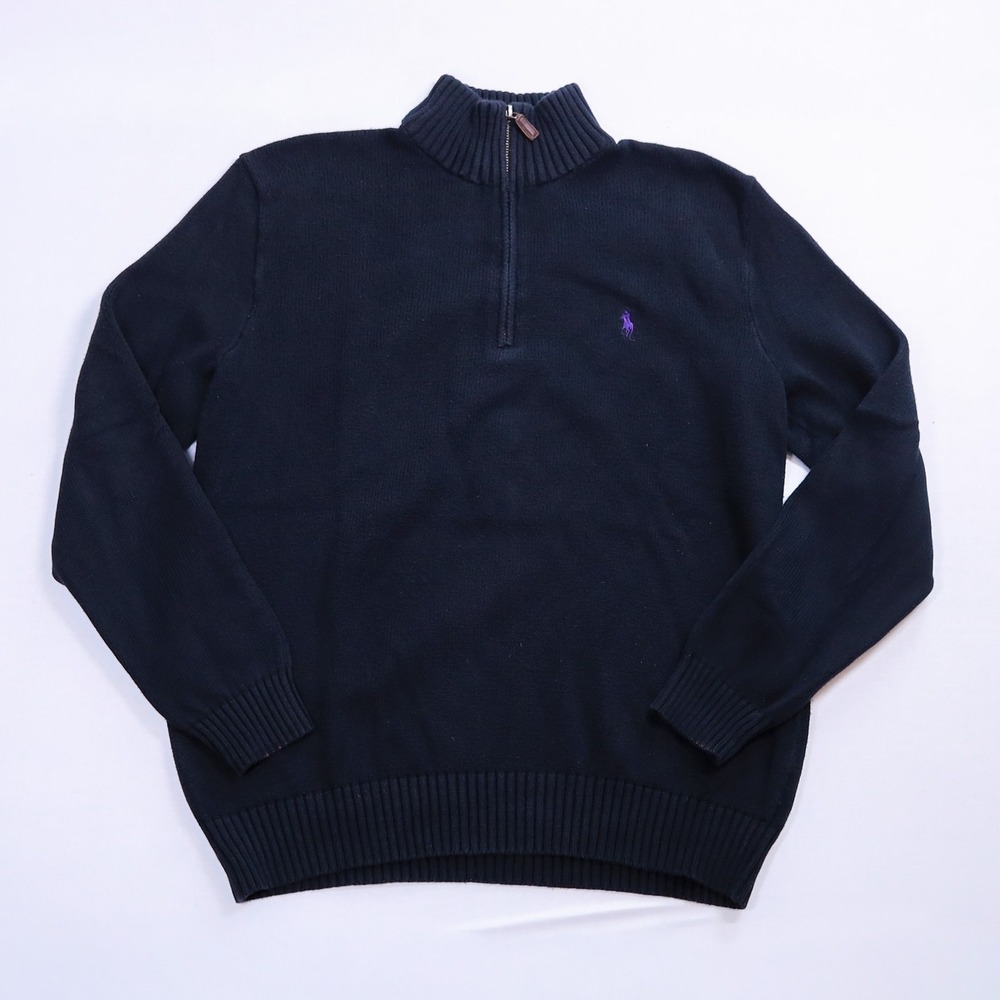 Polo Ralph Lauren Quarter Zip Knit Sweater M Black Cotton Purple Pony Vintage
